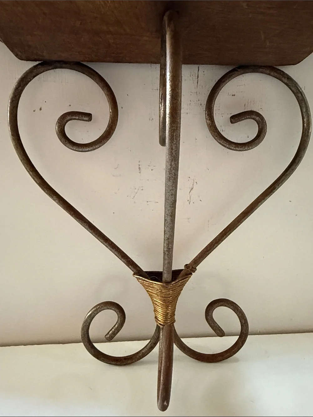Brown Solid Wood and Metal Wall Shelf with Decorative Scroll Bracket Vintage